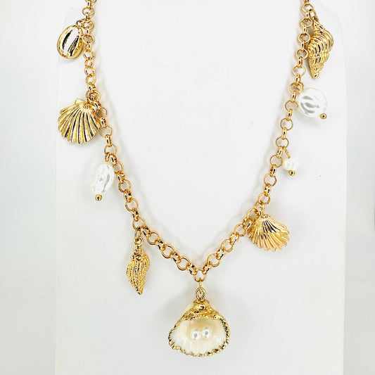 Gilded Double Pearl Clamshell Charms Necklace