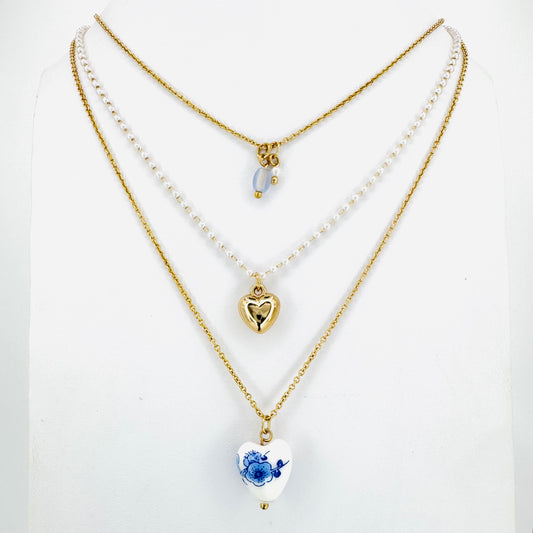 Heart Chinoiserie Bead & Faux Pearl Triple Layer Necklace