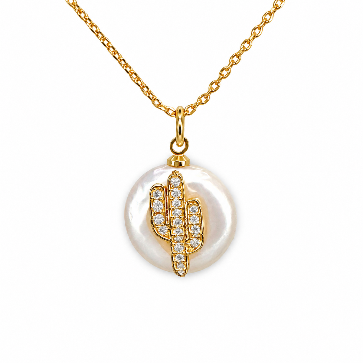 Small Pave Cactus Coin Pearl Necklace — approved Western Default Title shiny gold product photo — 22085