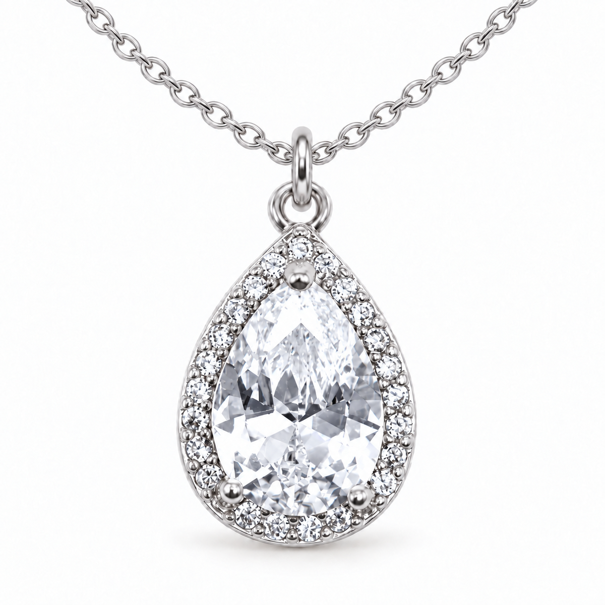 Pave CZ Halo Teardrop Necklace Silver