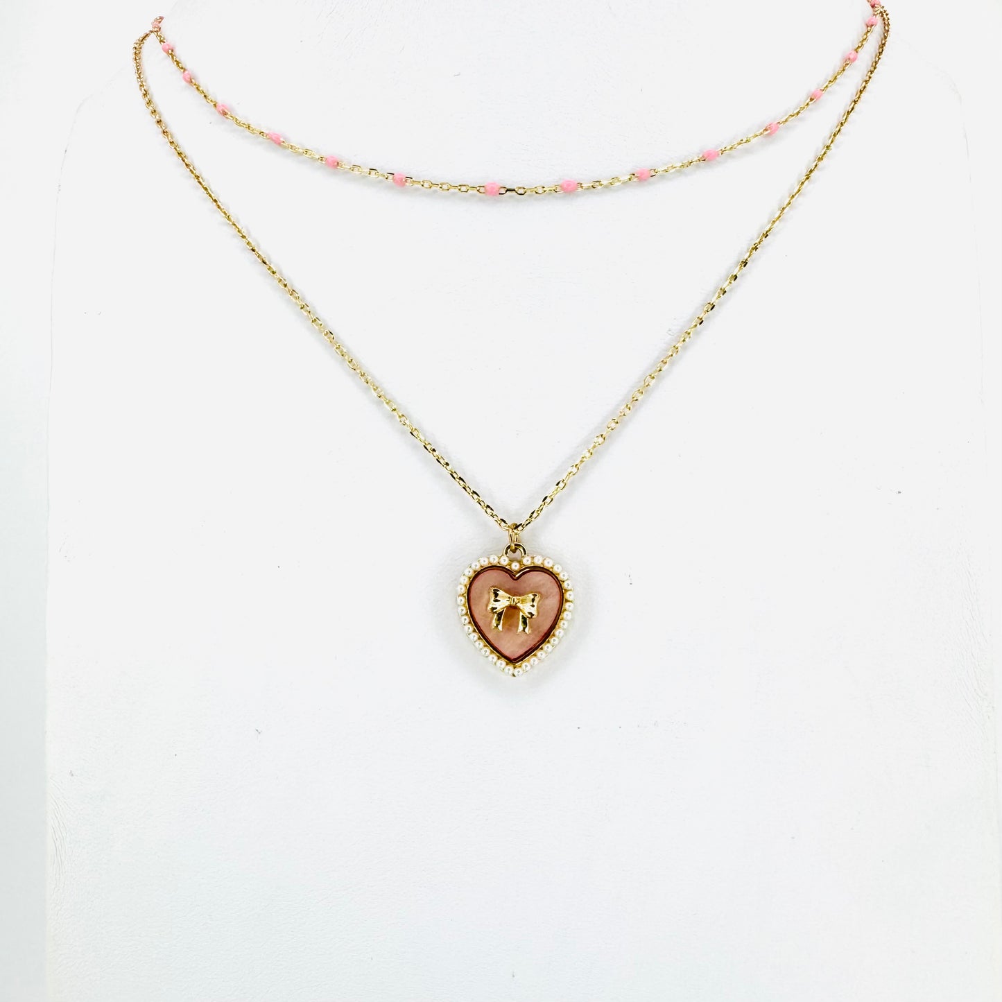 Bow Heart & Bead Chain Double Layer Necklace