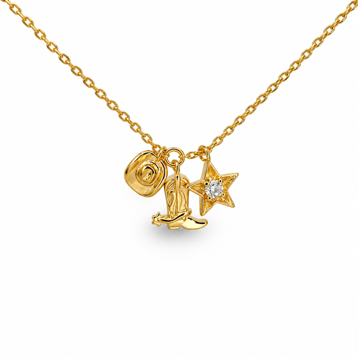 Small Cowboy Hat, Boot, & Star CZ Charm Necklace — approved Western Default Title shiny gold product photo — 24320