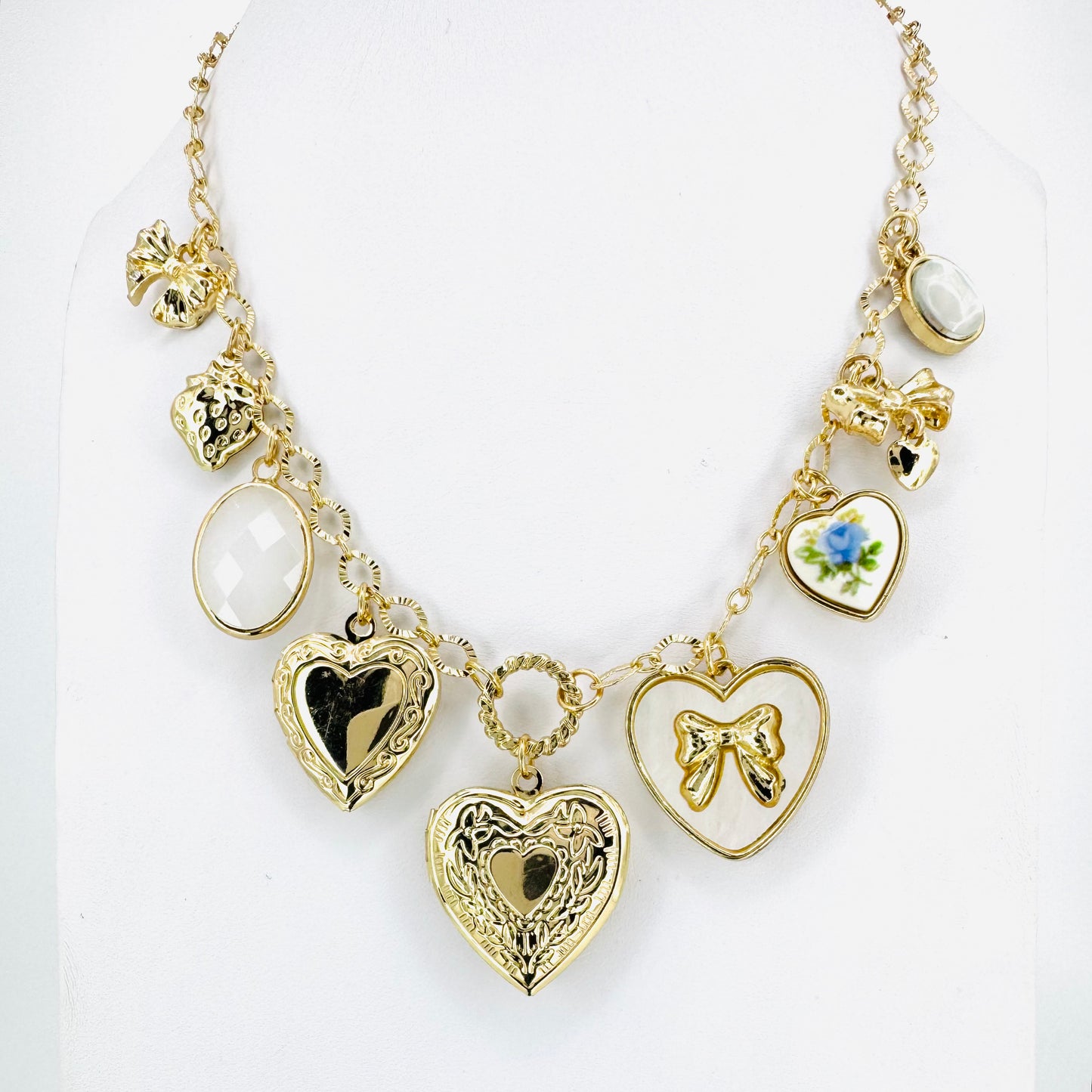 Hearts Locket & Bow Tag Charm Necklace