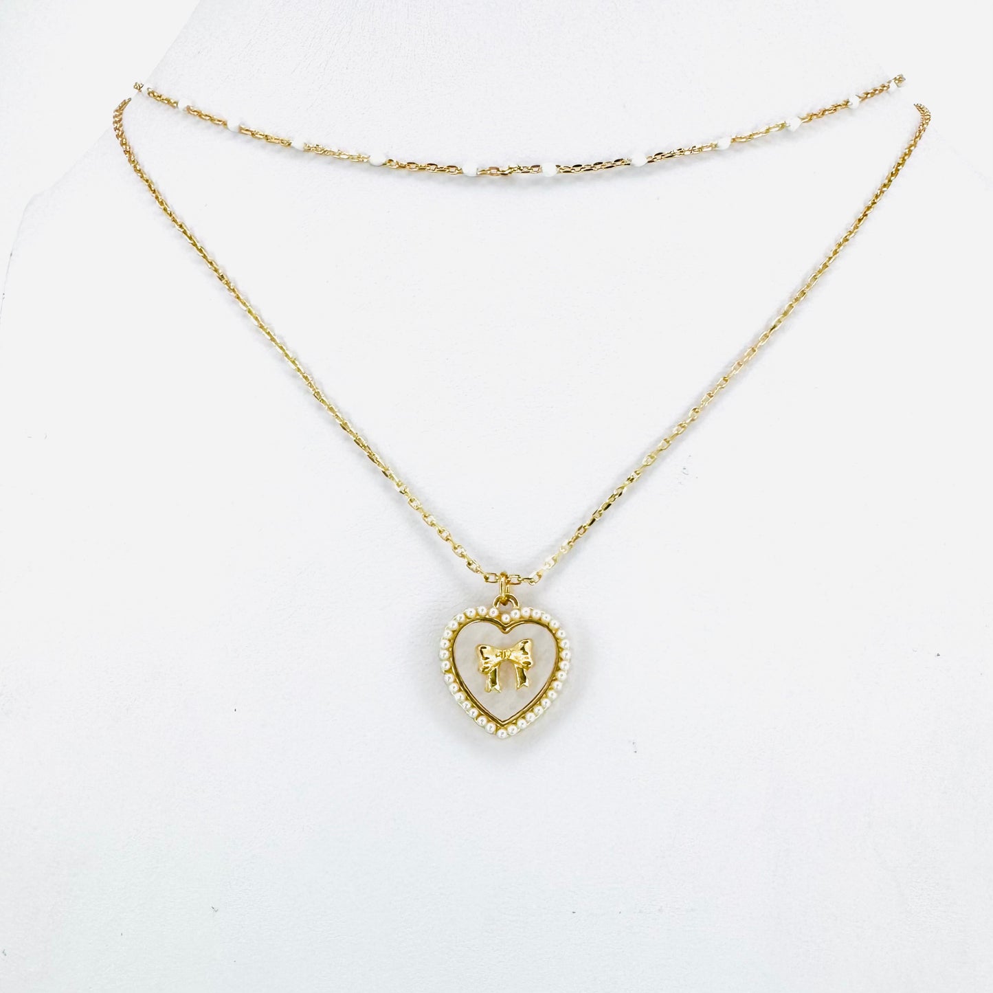 Bow Heart & Bead Chain Double Layer Necklace