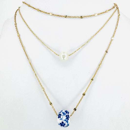 Chinoiserie Bead & Faux Pearl Triple Layer Necklace