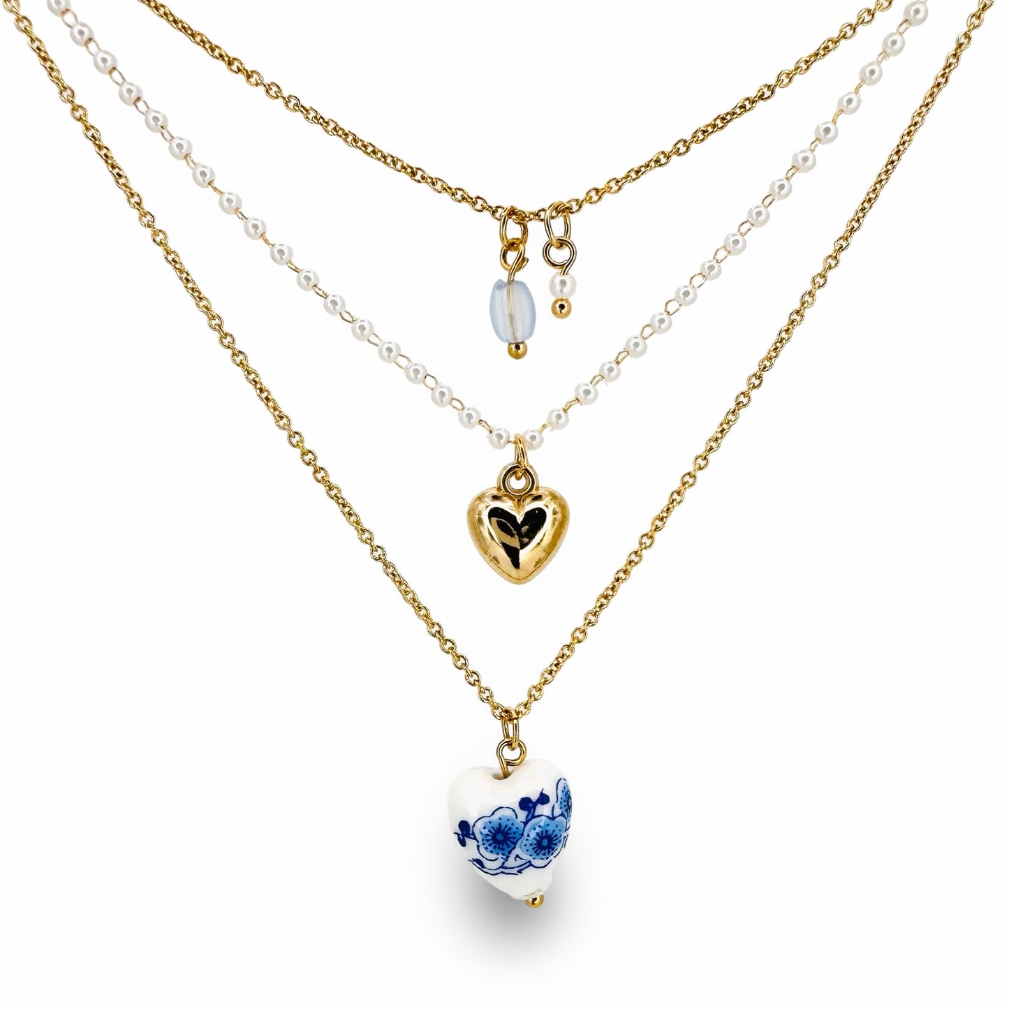 Heart Chinoiserie Bead & Faux Pearl Triple Layer Necklace