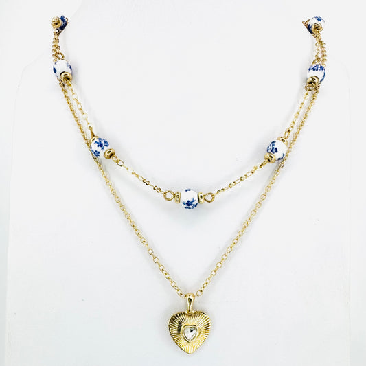 Heart & Chinoiserie Bead Double Layer Necklace