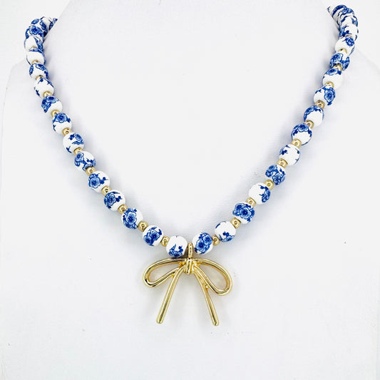 Bow & Chinoiserie Beaded Necklace