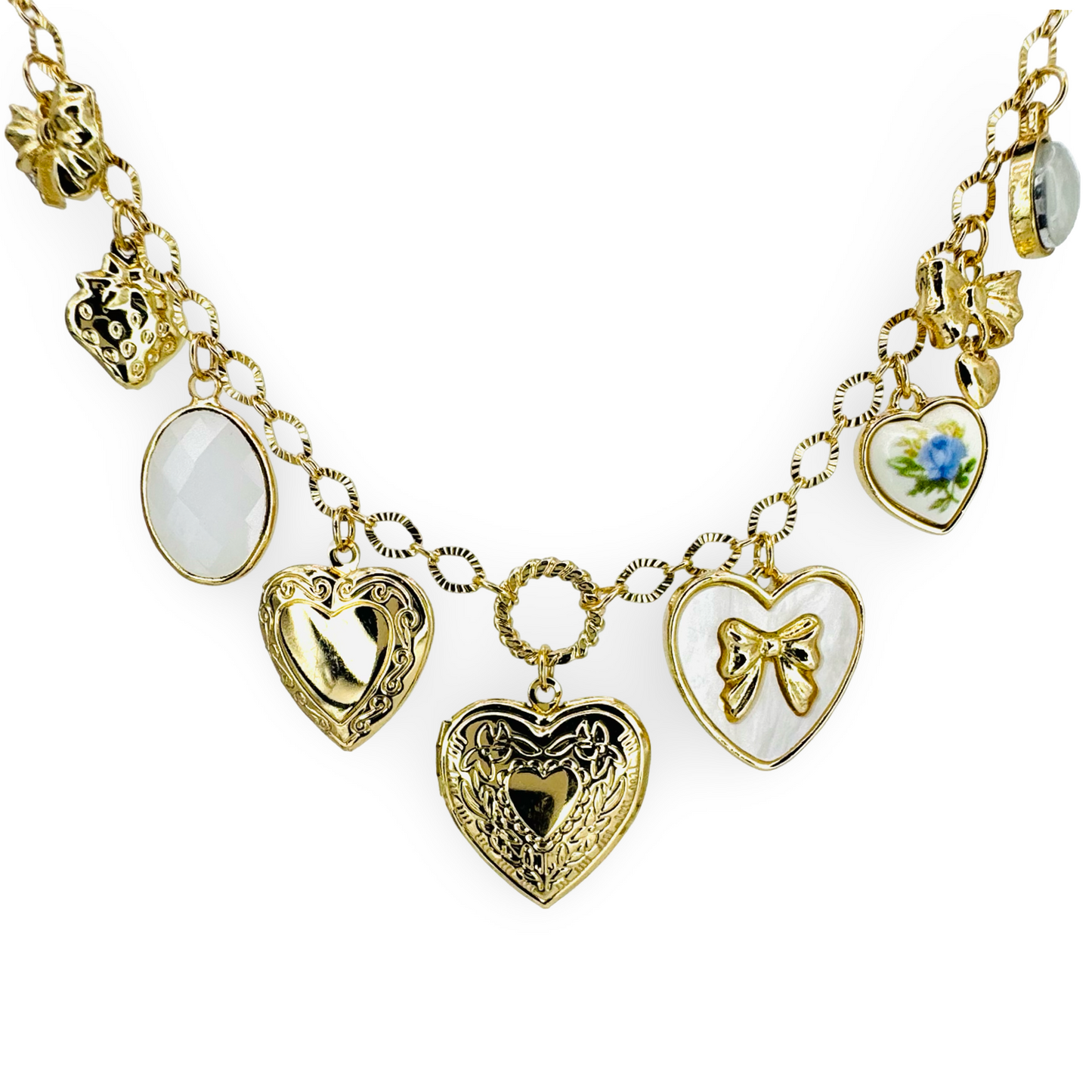 Hearts Locket & Bow Tag Charm Necklace