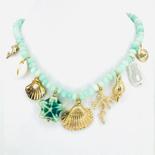 Aqua Beaded Seashell Charm Necklace