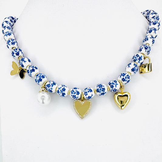 Hearts & Butterfly Chinoiserie Beaded Necklace