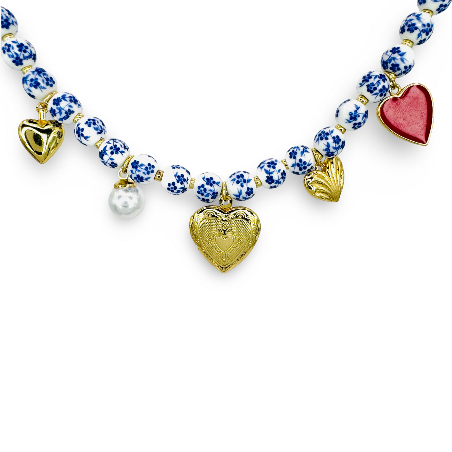 Hearts & Locket Chinoiserie Beaded Necklace
