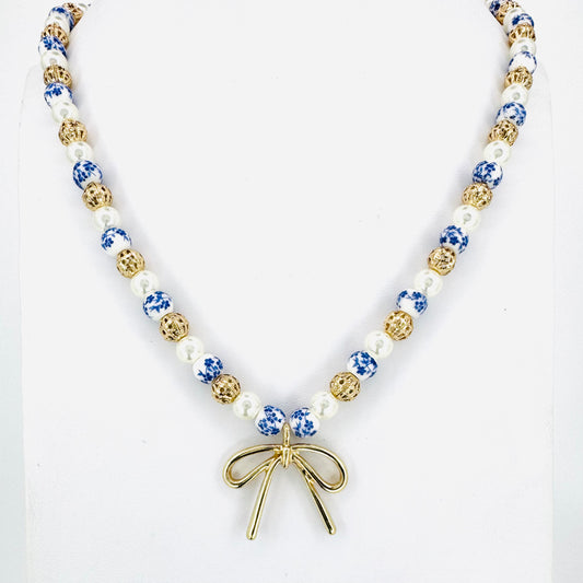 Bow, Chinoiserie, & Filigree Beaded Necklace
