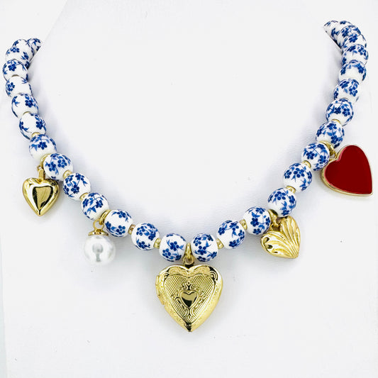 Hearts & Locket Chinoiserie Beaded Necklace