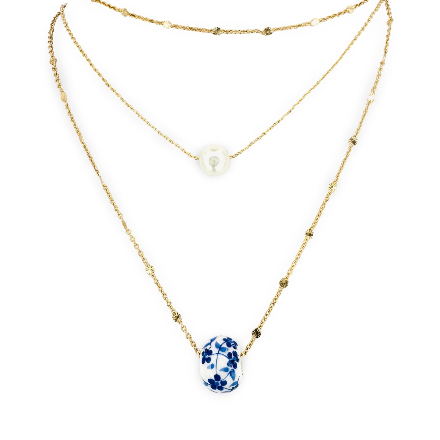 Chinoiserie Bead & Faux Pearl Triple Layer Necklace