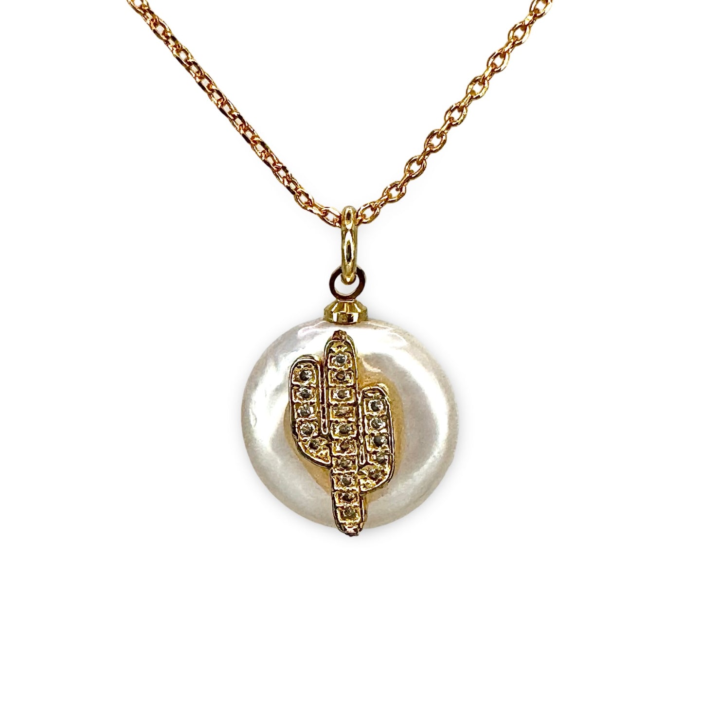 Small Pave Cactus Coin Pearl Necklace