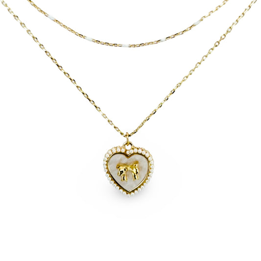 Bow Heart & Bead Chain Double Layer Necklace