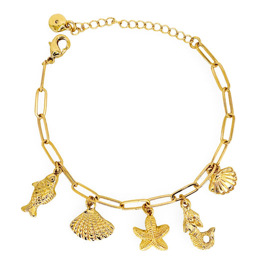 Mermaid & Beach Charms Paperclip Chain Bracelet