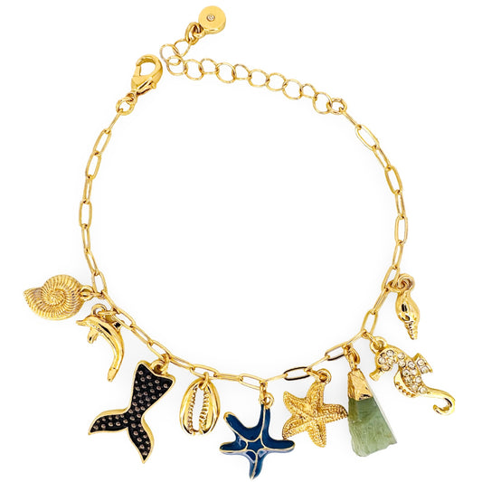 Mermaid Tail & Nautical Charms Paperclip Chain Bracelet