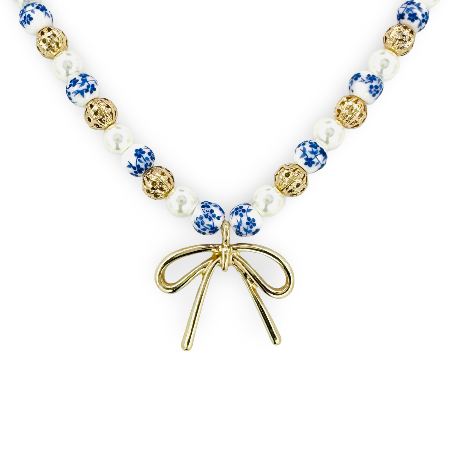Bow, Chinoiserie, & Filigree Beaded Necklace