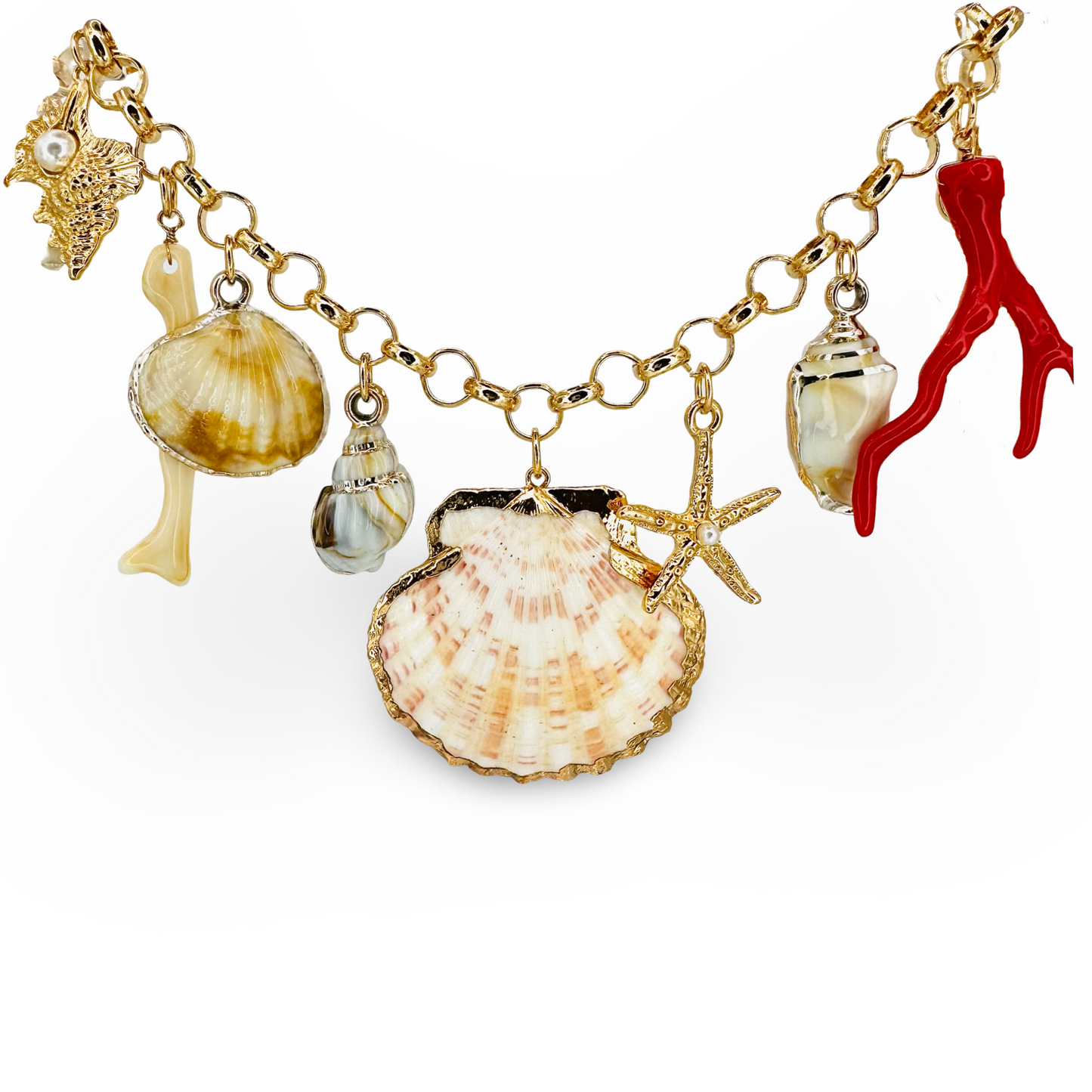 Gilded Seashells & Coral Charms Necklace