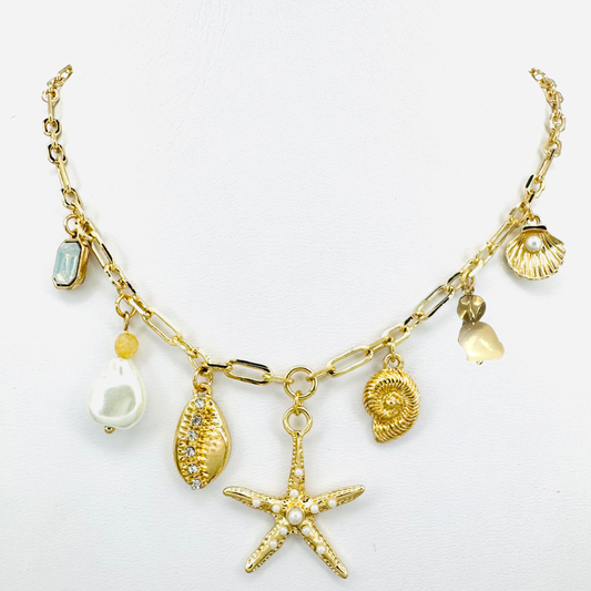 Pearl Starfish & Pave Cowrie Beach Charms Necklace