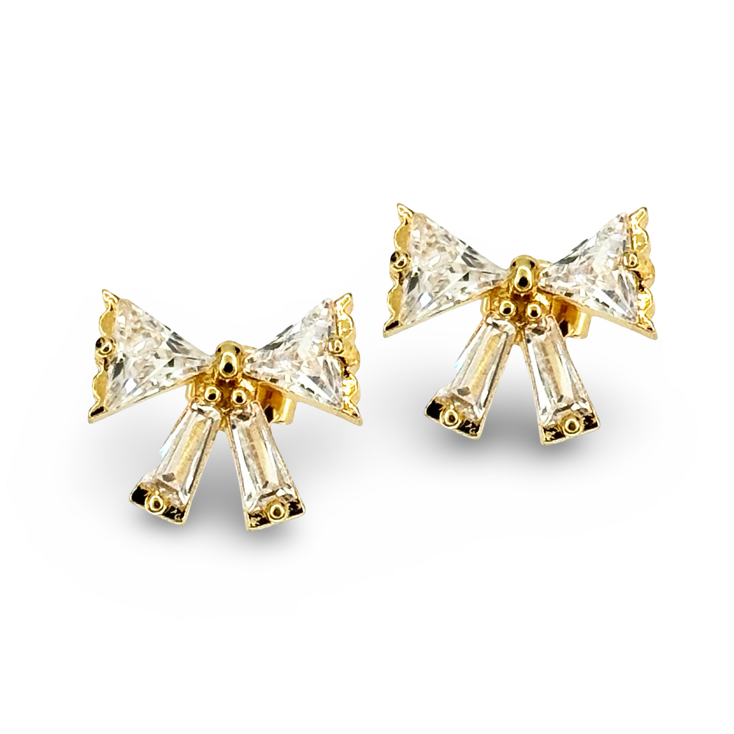 Scalloped Edge CZ Baguette Bow Stud Earrings