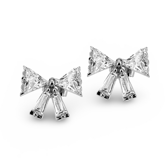 Scalloped Edge CZ Baguette Bow Stud Earrings