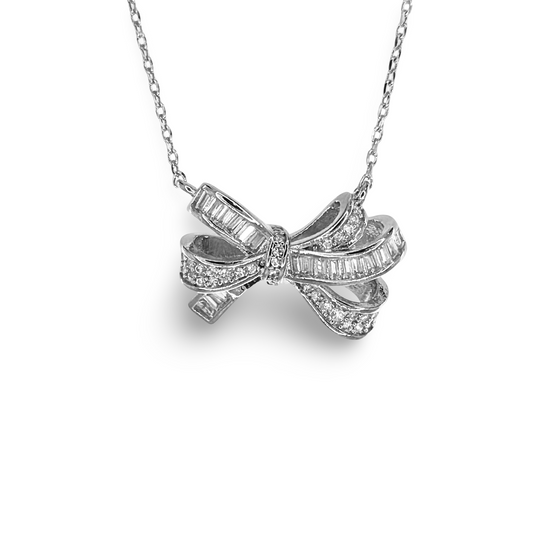 CZ Pave Baguette Cluster Festoon Bow Necklace