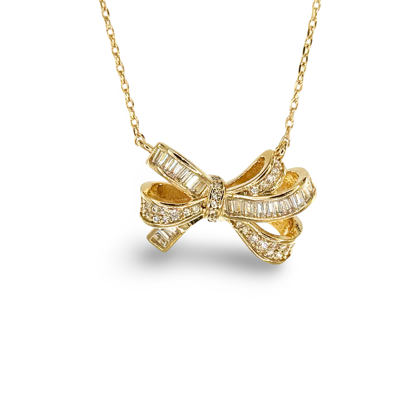 CZ Pave Baguette Cluster Festoon Bow Necklace