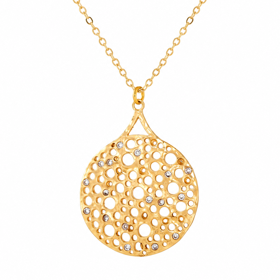 Gold Hammered CZ Droplet Necklace