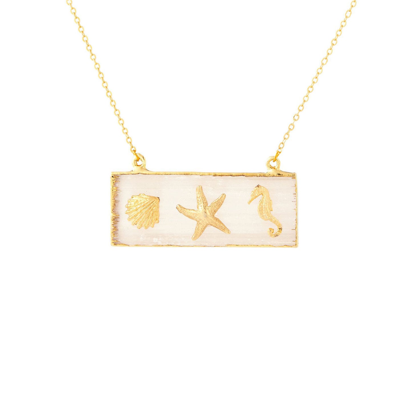 Beach Charms on Gilded Selenite Bar Necklace