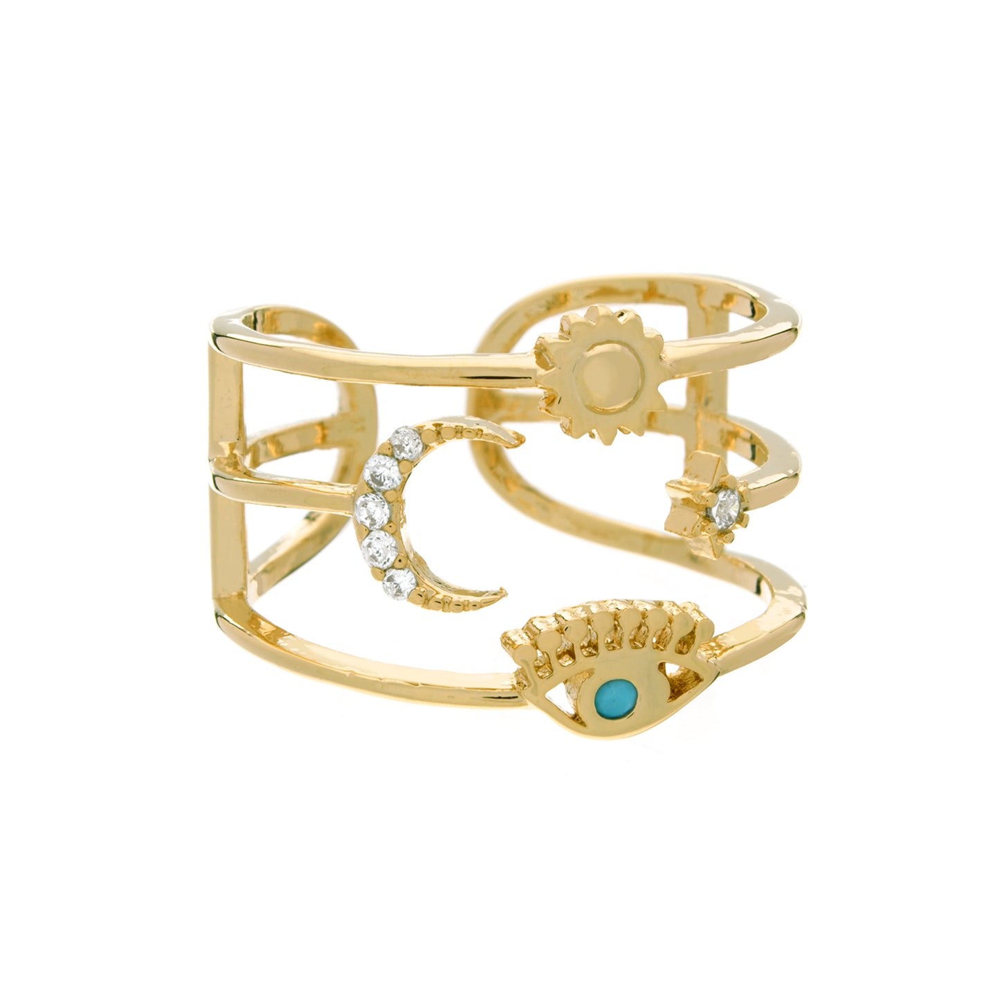 Evil Eye, Sun, Star, and Moon Trio Ring