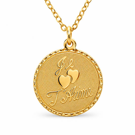 Je T'Aime Vintage Coin Necklace — approved Hearts collection luxury white background product photo