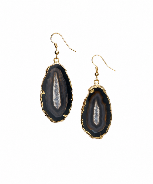 Gilded Edge Black Natural Brazilian Agate Earrings