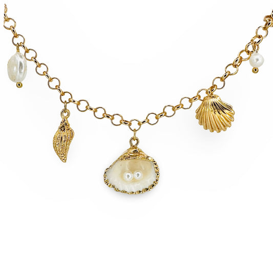 Gilded Double Pearl Clamshell Charms Necklace