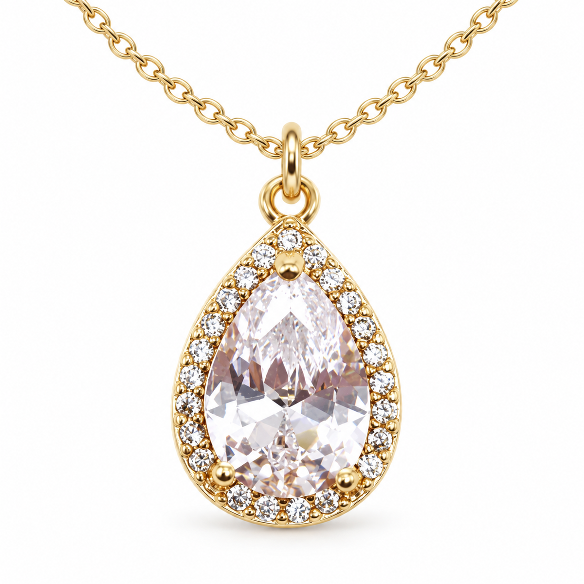 Pave CZ Halo Teardrop Necklace Gold