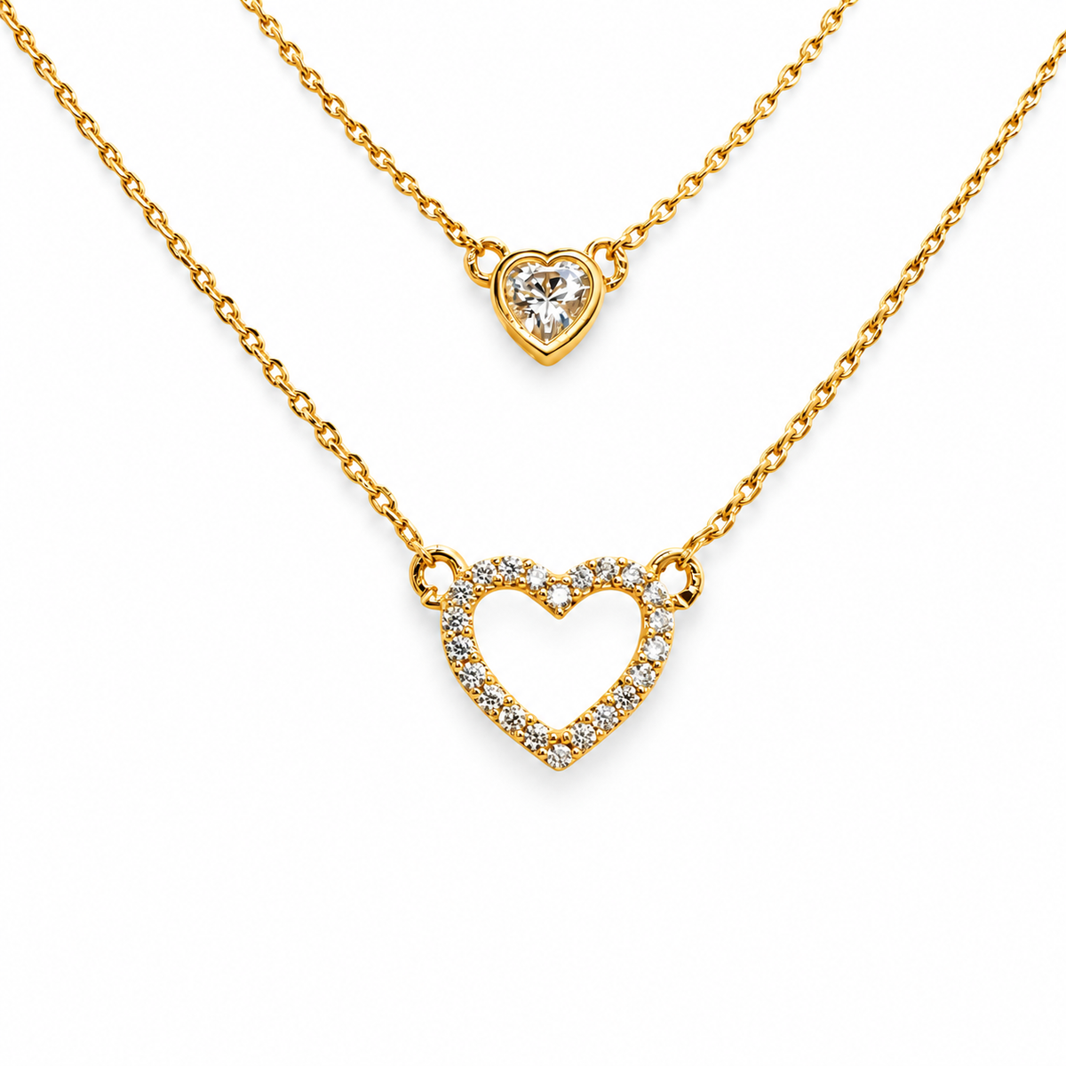 Double Layer Small CZ Bezel Heart & Pave Outline Festoon Heart Necklace — approved Hearts collection luxury white background product photo