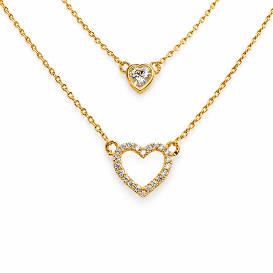 Double Layer Small CZ Bezel Heart & Pave Outline Festoon Heart Necklace — approved Hearts collection luxury white background product photo