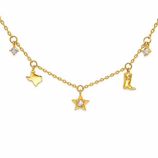 Small Texas, Boot, Star, &  CZ Charm Station Necklace — approved Western Default Title shiny gold product photo — 23481