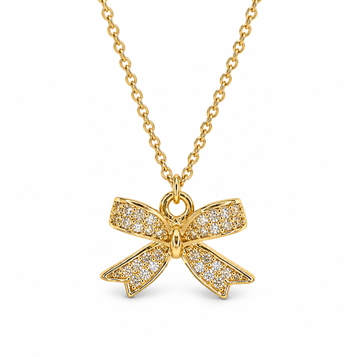 Pave CZ Tiffany Bow Necklace — luxury white background product photo