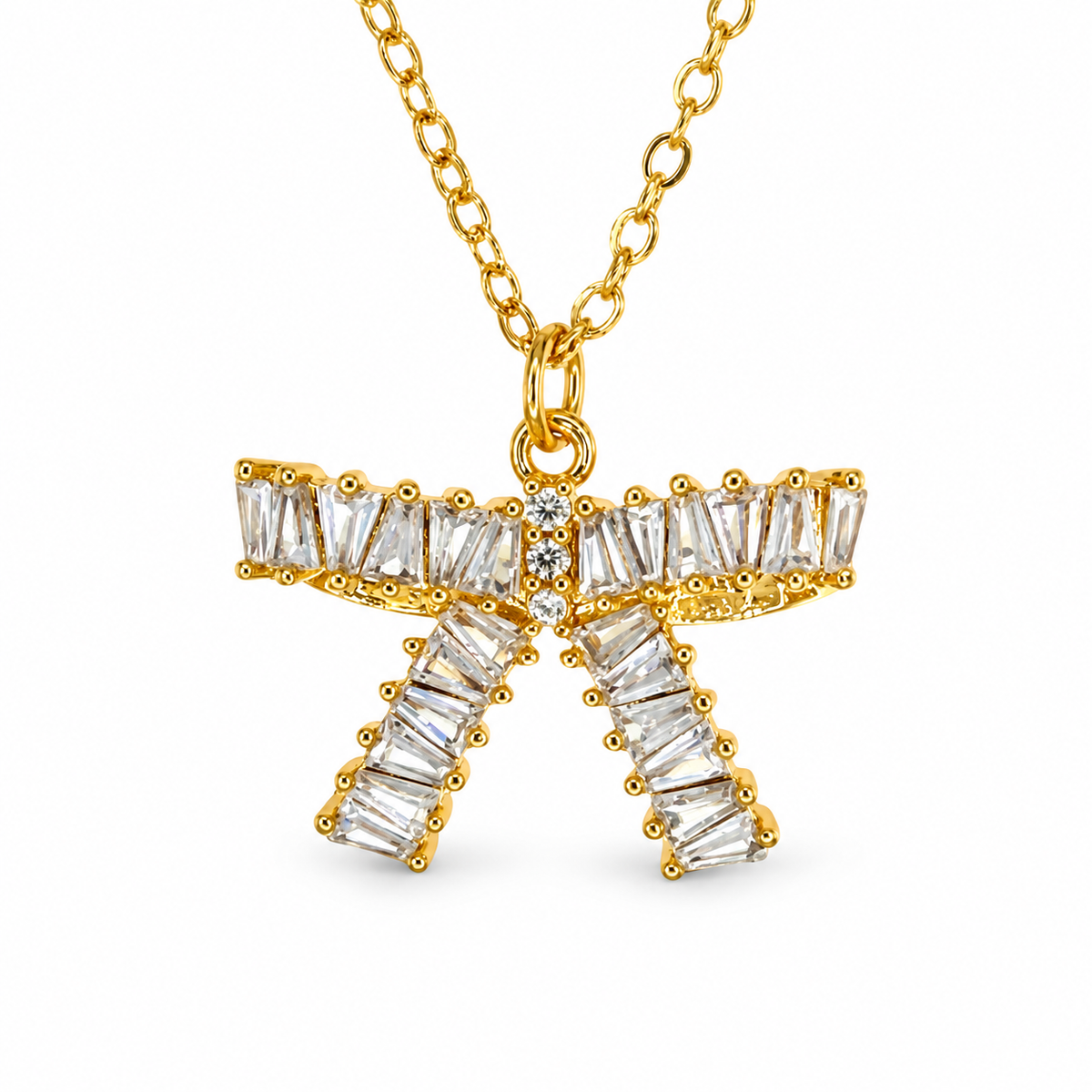 Medium Baguette CZ Bow Necklace — luxury white background product photo