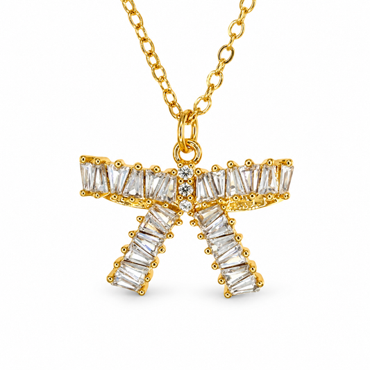 Medium Baguette CZ Bow Necklace — luxury white background product photo