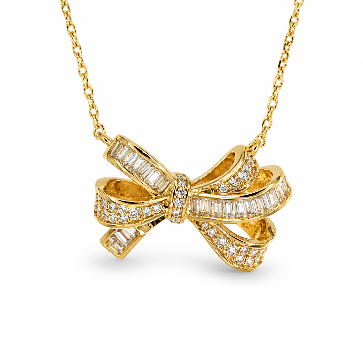 CZ Pave Baguette Cluster Festoon Bow Necklace — luxury white background product photo