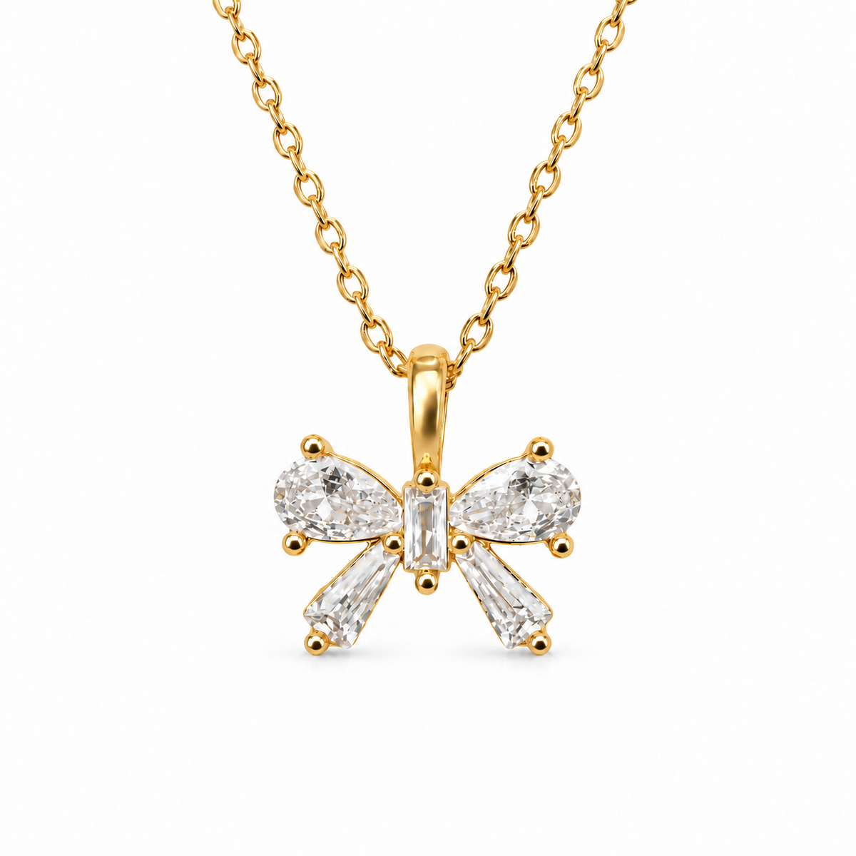 Small Baguette CZ Bow Necklace — luxury white background product photo