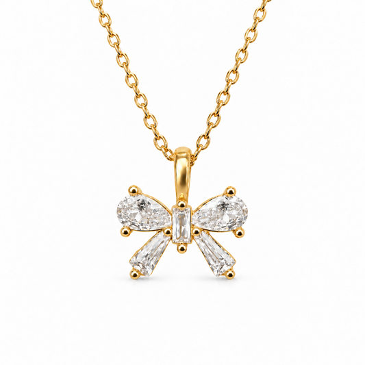 Small Baguette CZ Bow Necklace — luxury white background product photo