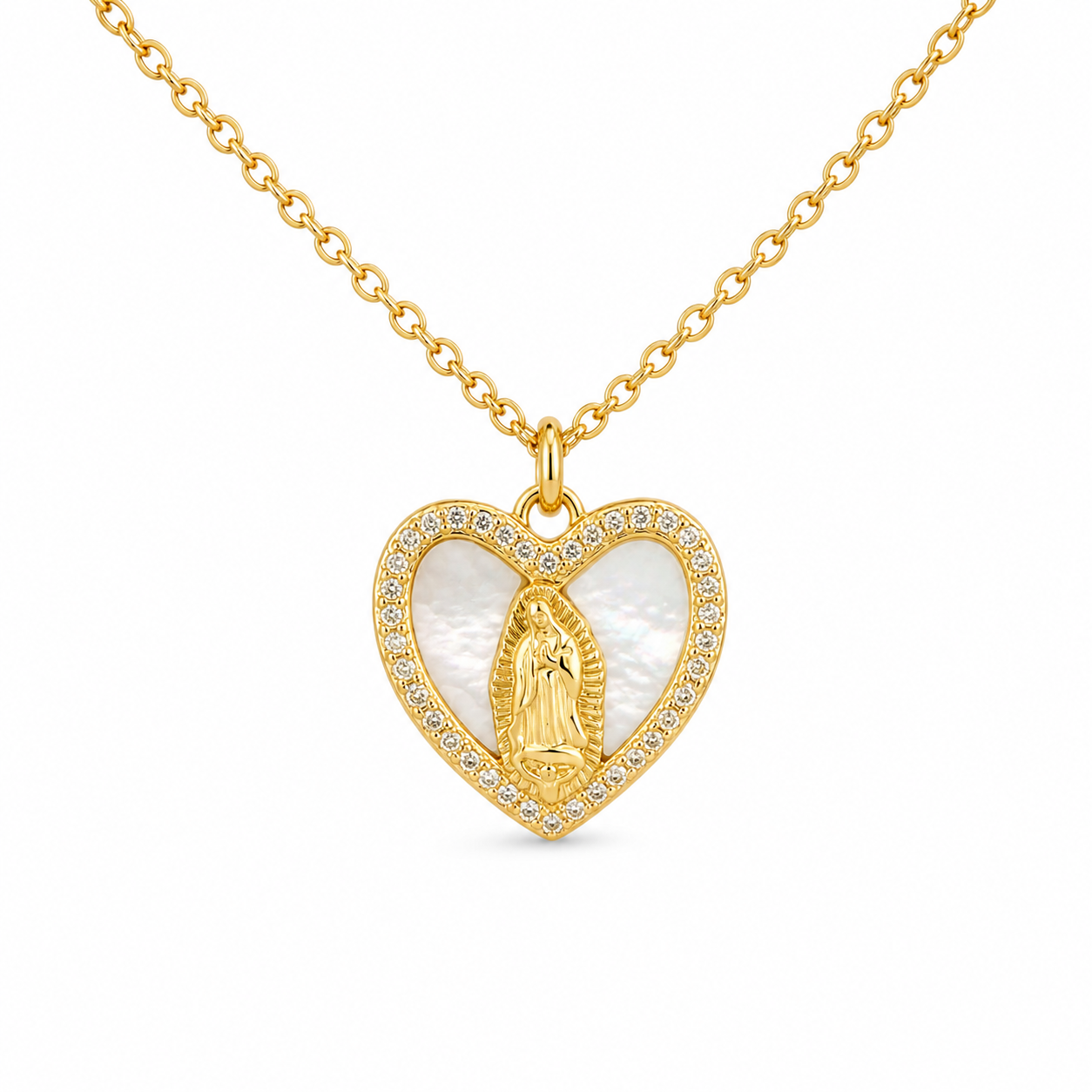 Mother of Pearl Pave Border Heart with St. Mary Necklace