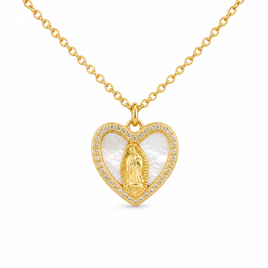 Mother of Pearl Pave Border Heart with St. Mary Necklace