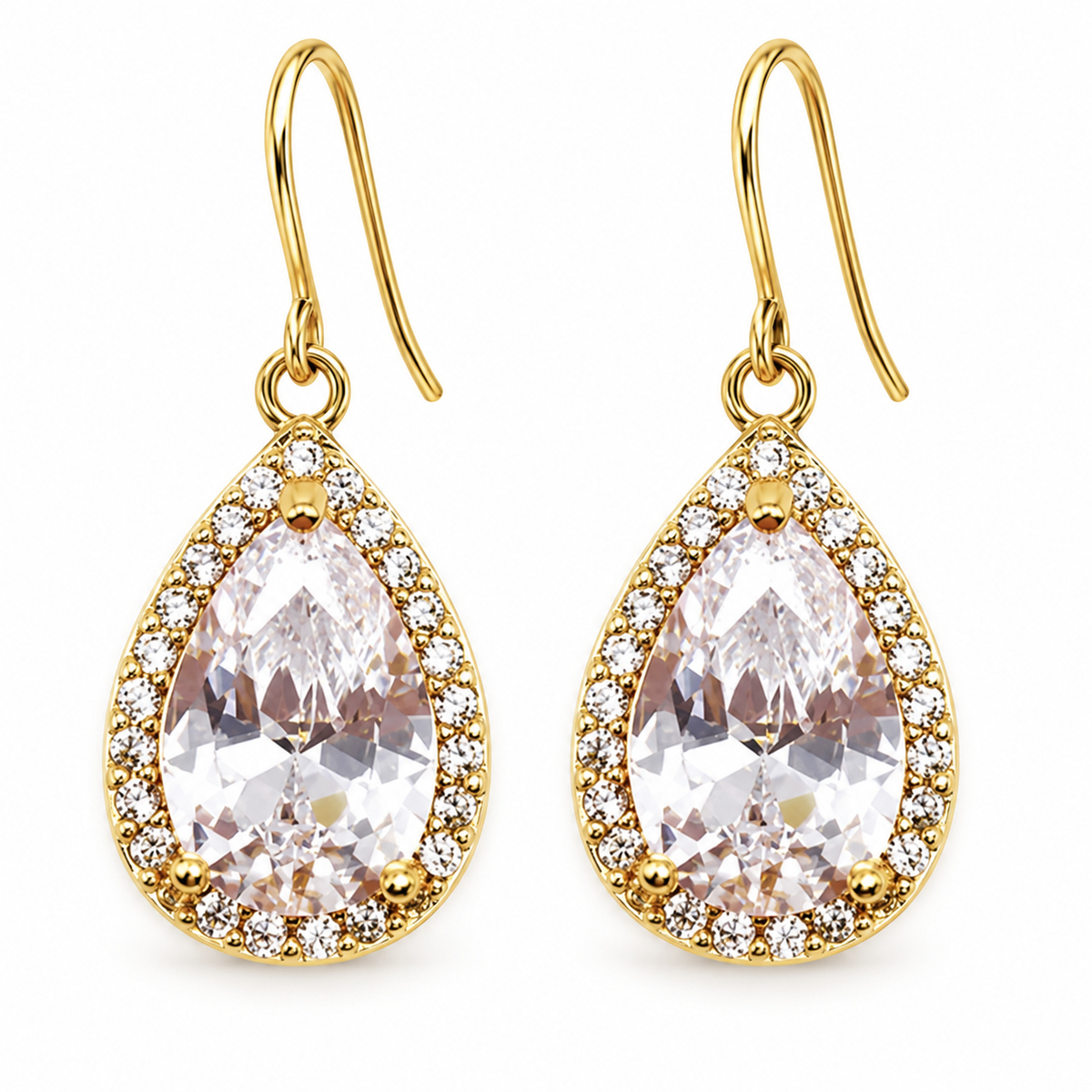Pave CZ Halo Teardrop Earrings Gold