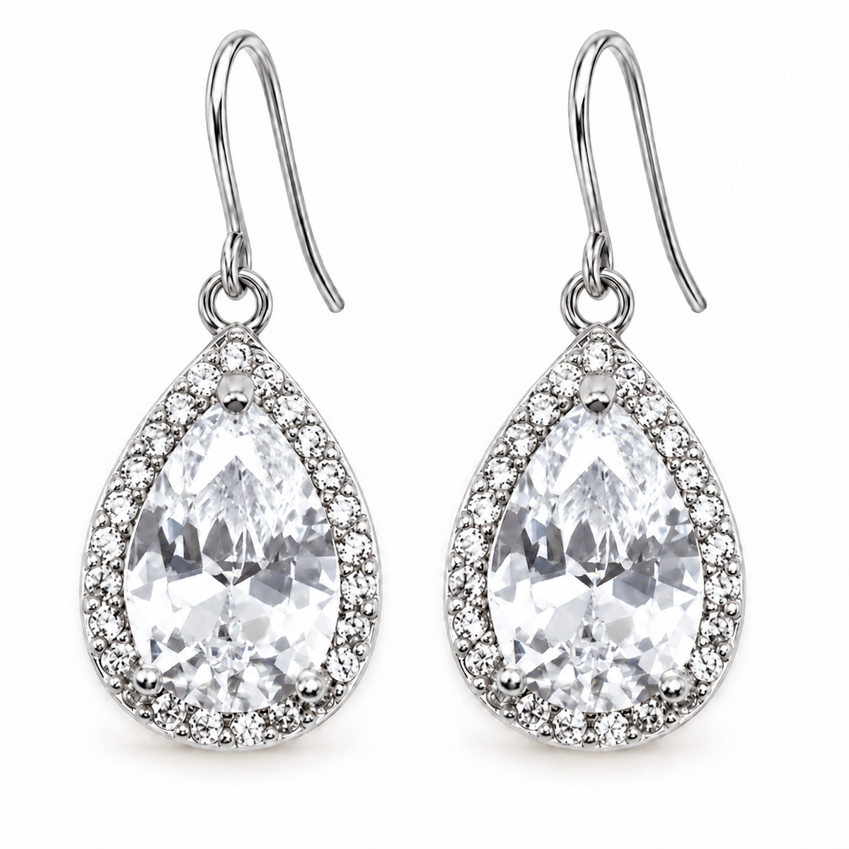 Pave CZ Halo Teardrop Earrings Silver